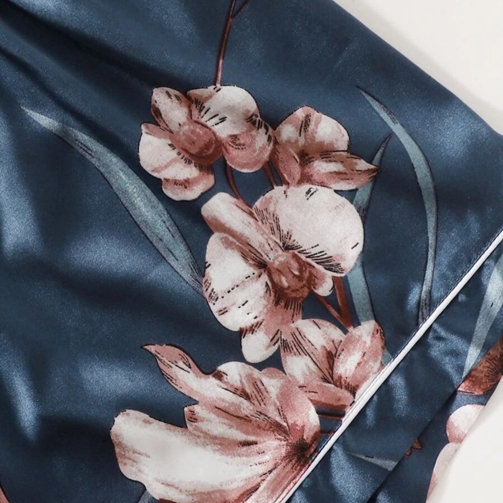 Plus Size Sleepwear Floral Print Dusty Blue Silk Satin PJ Set with Front Pocket - Picture 4 of 5
